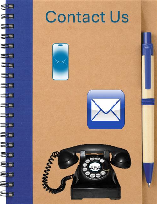 Contact Us notebook with pen, iphone, email symbol, and rotary telephone